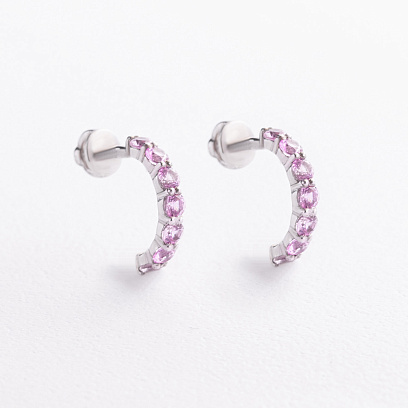 Серебряные серьги - пусеты с розовыми синтетическими сапфирами 2678/1р-PSPH
