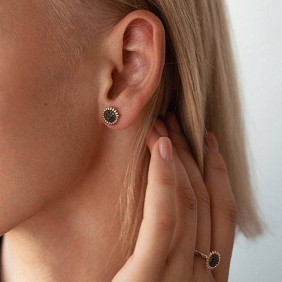 Золотые серьги - пусеты "Подсолнухи" с черными бриллиантами 326173122 №5