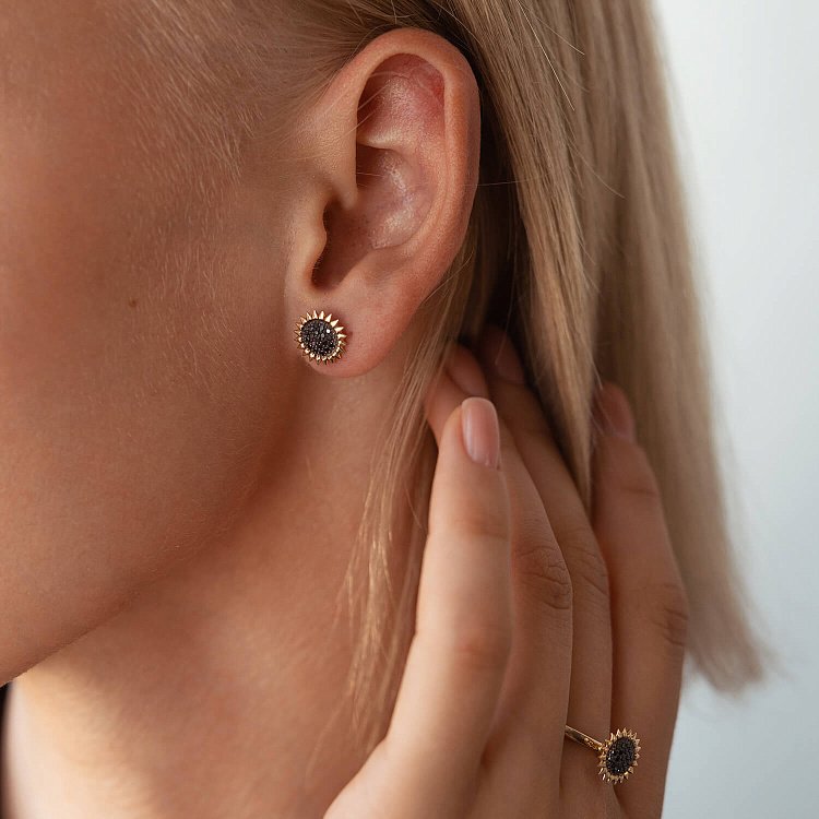 Золотые серьги - пусеты "Подсолнухи" с черными бриллиантами 326173122 от ювелирного магазина Оникс - 4