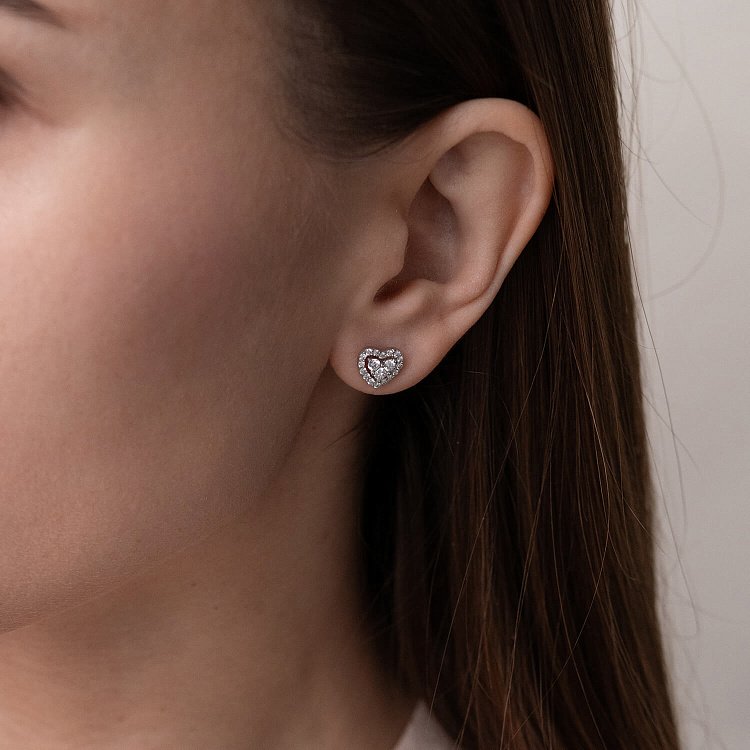 Золотые серьги - пусеты "Сердечки" с бриллиантами doubs205 от ювелирного магазина Оникс - 1