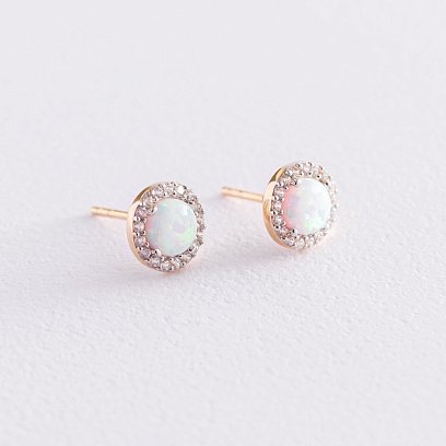 Золоті сережки-пусети "Сяйво" (синт. опал, фіаніти) 0.8 см с07439 №3