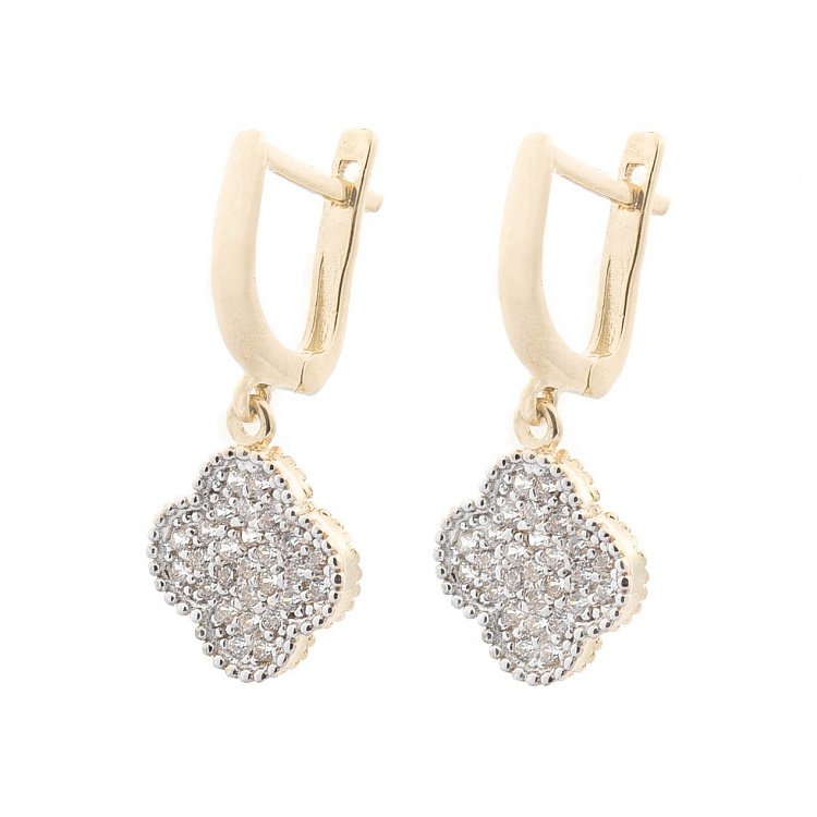 Золотые серьги "Клевер" с фианитами с04398 от ювелирного магазина Оникс - 1