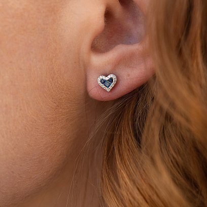 Золоті сережки - пусети "Сердечка" з діамантами і сапфірами сб0432ca №4