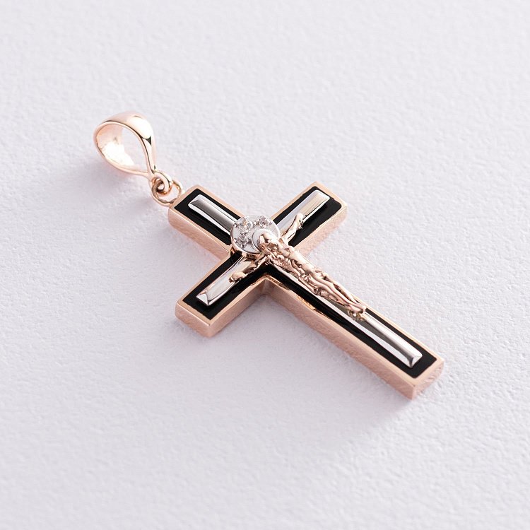 Золотий хрест "Розп'яття. Спаси і Збережи" (фіаніти, емаль) п03490 від ювелірного магазину Онікс