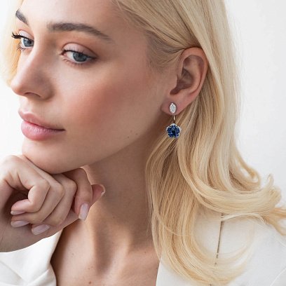 Золоті сережки - джекети "Квіточки" з синіми сапфірами с1005 №5