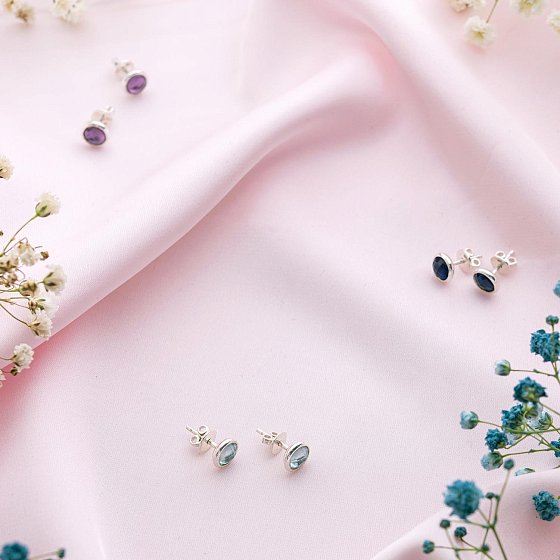 Серебряные серьги -  гвоздики с голубым топазом 122173 №3