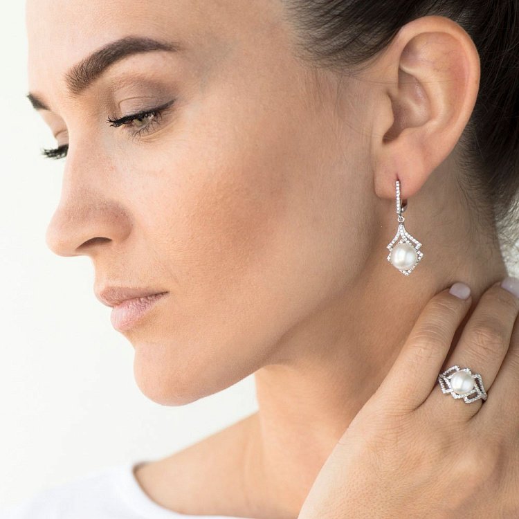 Серебряные серьги (культ. пресн. жемчуг, фианиты) 121812 от ювелирного магазина Оникс - 4