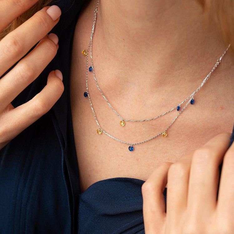 Двойное золотое колье "Украинка" (синие и желтые фианиты) кол02338 от ювелирного магазина Оникс - 4