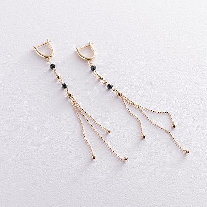 Золотые серьги "Шарики" с черными фианитами с07207