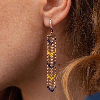 Патриотические серьги с цепочками в красном золоте (синяя и желтая эмаль) с08121 №5