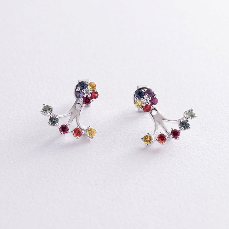 Золотые серьги - джекеты 2 в 1 (разноцветные сапфиры, бриллианты) сб0453nl от ювелирного магазина Оникс - 1