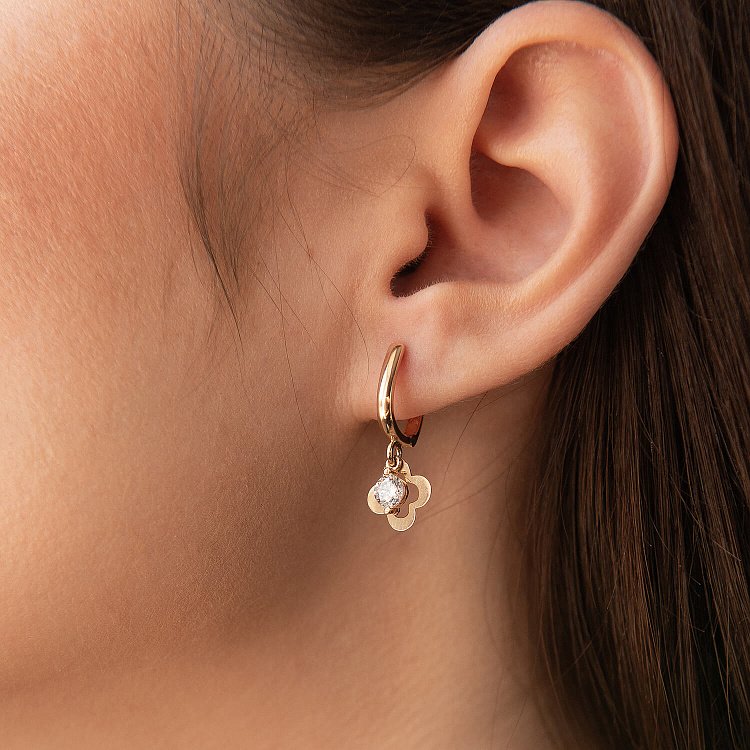 Золотые серьги "Клевер" с фианитами с08382 от ювелирного магазина Оникс - 5