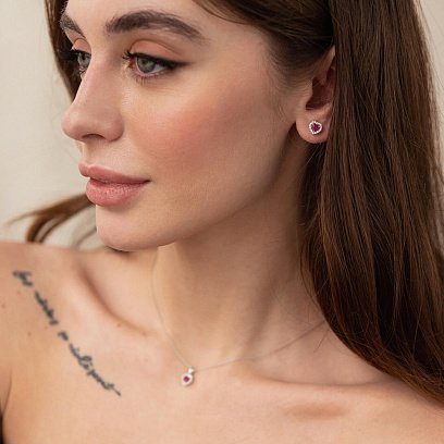 Золотые серьги - пусеты "Сердечки" с бриллиантами и рубинами сб0442di №2