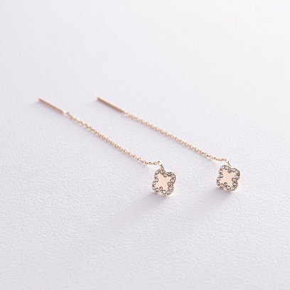 Сережки - протяжки "Конюшина" в жовтому золоті (фіаніти) с08158 №3