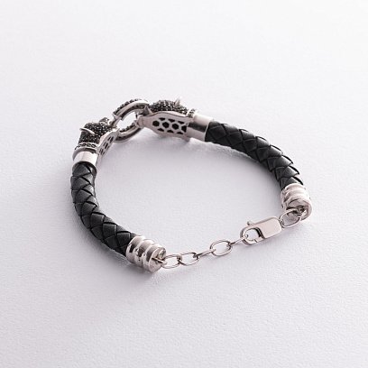 Срібний браслет "Пантера" з фіанітами (шкіра) 565L №5