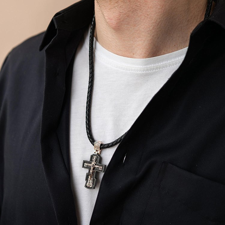 Золотий хрест "Розп'яття. Пресвята Богородиця" з ебеновим деревом 632зч від ювелірного магазину Онікс - 5