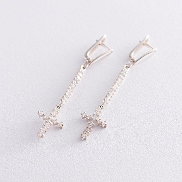 Срібні сережки "Хрестики" (фіаніт) 121034 від ювелірного магазину Онікс