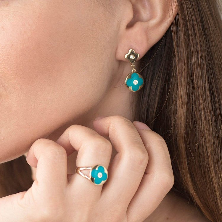 Золотое кольцо "Клевер" с эмалью и фианитом к05610 от ювелирного магазина Оникс - 5