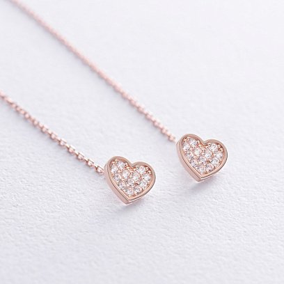 Сережки - протяжки "Сердечки" у червоному золоті (фіаніти) с08063 №3