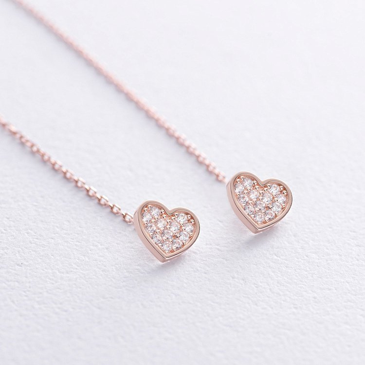 Сережки - протяжки "Сердечки" у червоному золоті (фіаніти) с08063 від ювелірного магазину Онікс - 2