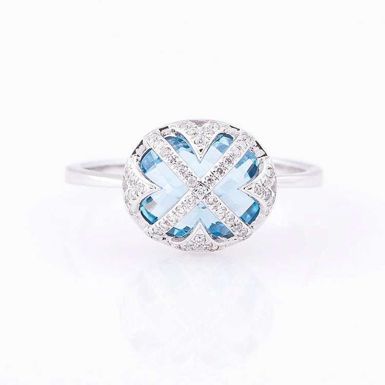 Золотое кольцо с голубым топазом и бриллиантами C01099R от ювелирного магазина Оникс - 6