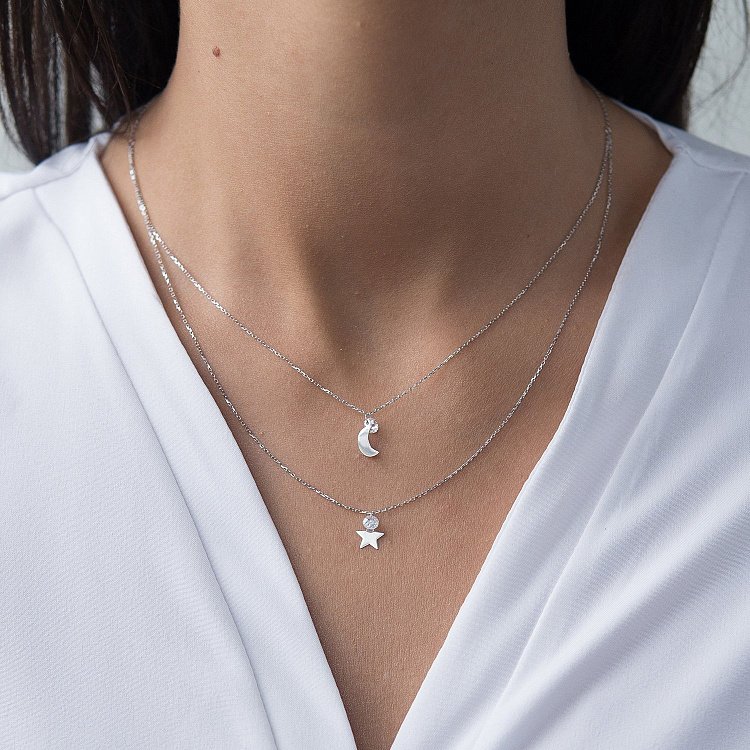 Подвійне золоте кольє "Місяць і зірка" з фіанітами кол01536 від ювелірного магазину Онікс - 1