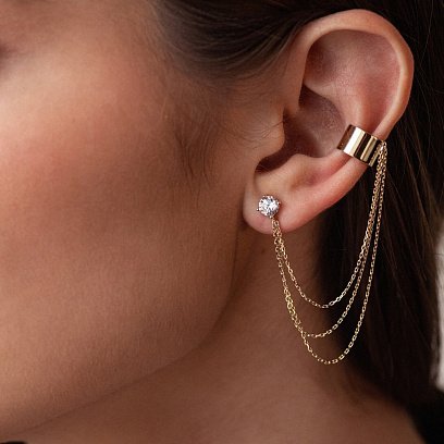 Серьга - каффа "Тринити" в желтом золоте с цепочками (фианит) с08041