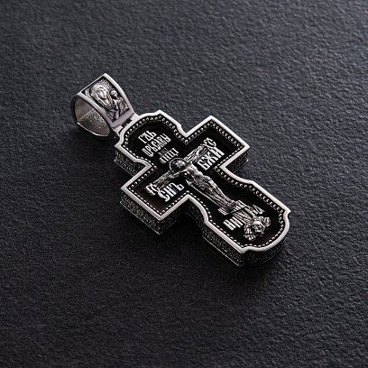 Срібний хрест "Господь. Архангели Михаїл та Гавриїл. Ангел Хранитель. Святитель Миколай. Сергій Радонезький" з ебеновим деревом 980 №3