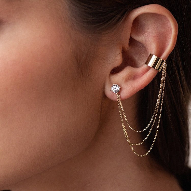 Серьга - каффа "Тринити" в желтом золоте с цепочками (фианит) с08041 от ювелирного магазина Оникс