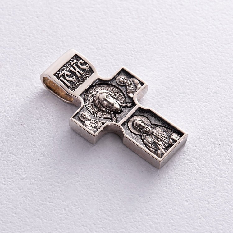 Золотой православный крест "Спас Нерукотворный. Святитель Николай Чудотворец. Георгий Победоносец" п03812 от ювелирного магазина Оникс - 3