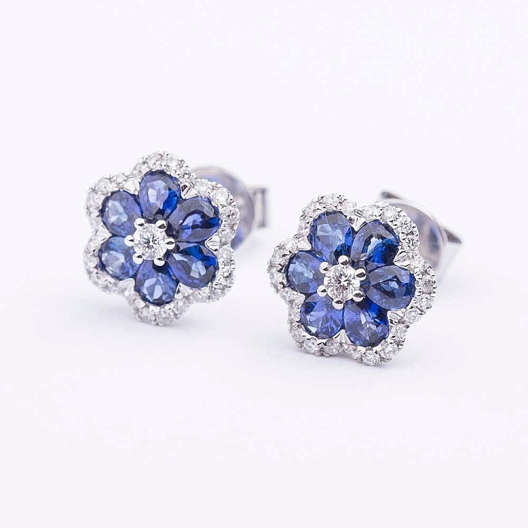 Золоті сережки-пусети з сапфірами і діамантами E00171mi від ювелірного магазину Онікс - 2