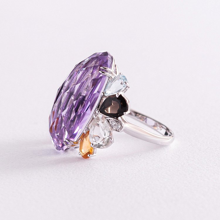 Золота каблучка (діаманти, топаз блакитний, цитрин, кварц димчастий, аметист зелений, аметист) к746A1 від ювелірного магазину Онікс - 2