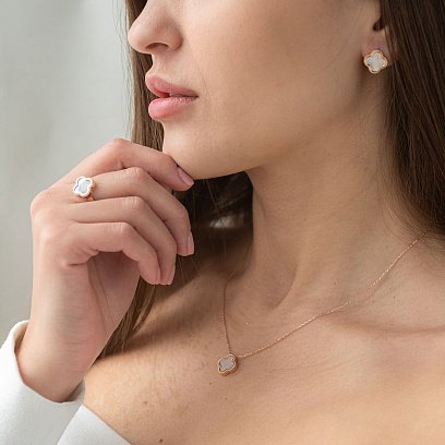 Сережки "Конюшина" в червоному золоті (перламутр) с06831 №2