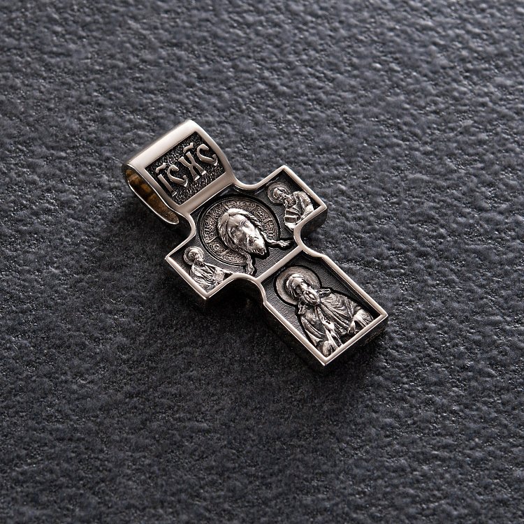 Золотой православный крест "Спас Нерукотворный. Святитель Николай Чудотворец. Георгий Победоносец" п03812 от ювелирного магазина Оникс