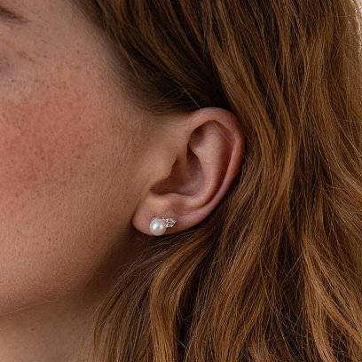 Срібні сережки - пусети з перлами і фіанітами 123234 №4