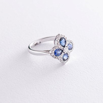 Золота каблучка "Конюшина" (діаманти, сапфіри) R01608mi №4