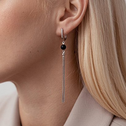 Серебряные висячие серьги с черными камнями 123154 №2