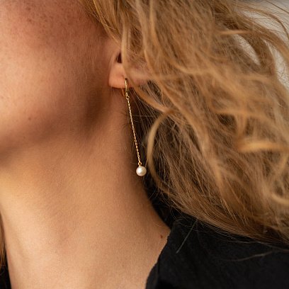 Сережки - кільця "Перлина на ланцюжку" у жовтому золоті с08356 №7