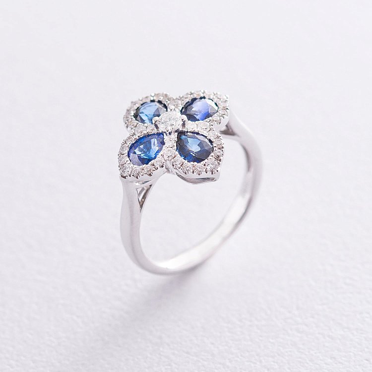 Золотое кольцо "Клевер" (бриллианты, сапфиры) R01608mi от ювелирного магазина Оникс