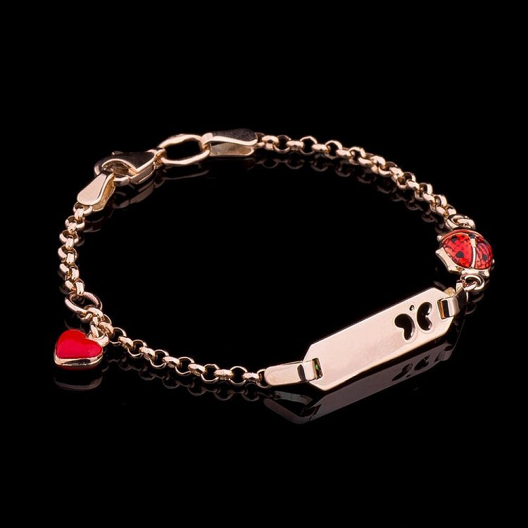 Золотой детский браслет "Божья коровка, Сердце" для гравировки б01945 от ювелирного магазина Оникс