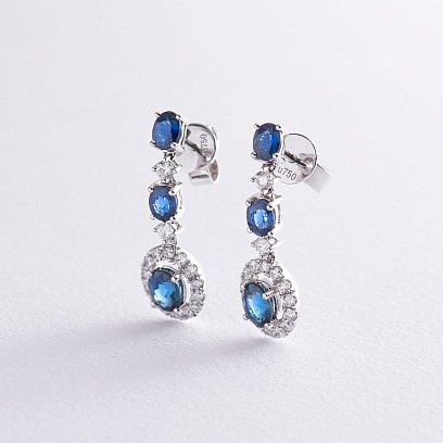 Золотые серьги - пусеты с бриллиантами и сапфирами DE3735Scha