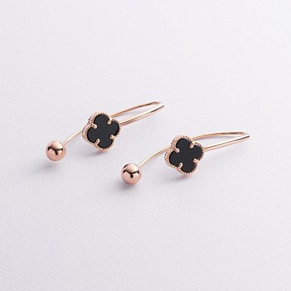 Золотые серьги "Клевер" с ониксом с09320 №2