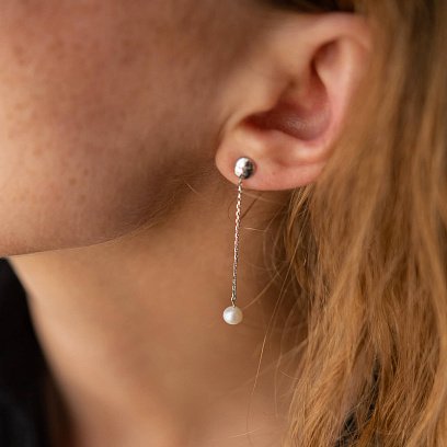 Сережки - пусети "Перлина на ланцюжку" у білому золоті с08302 №9