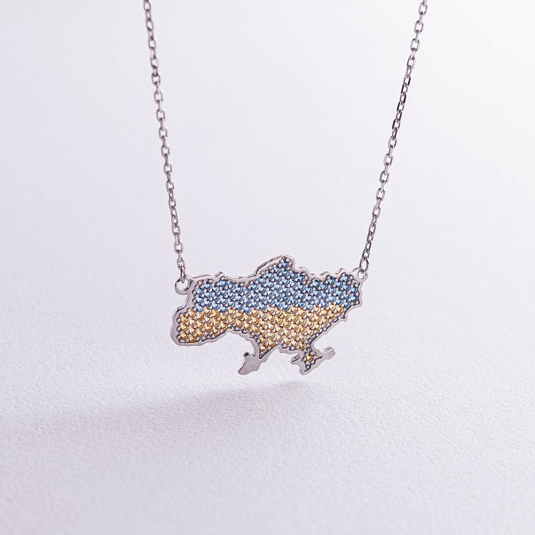 Кольє "Карта України" у сріблі (блакитні, жовті фіаніти) 4034-2563 від ювелірного магазину Онікс