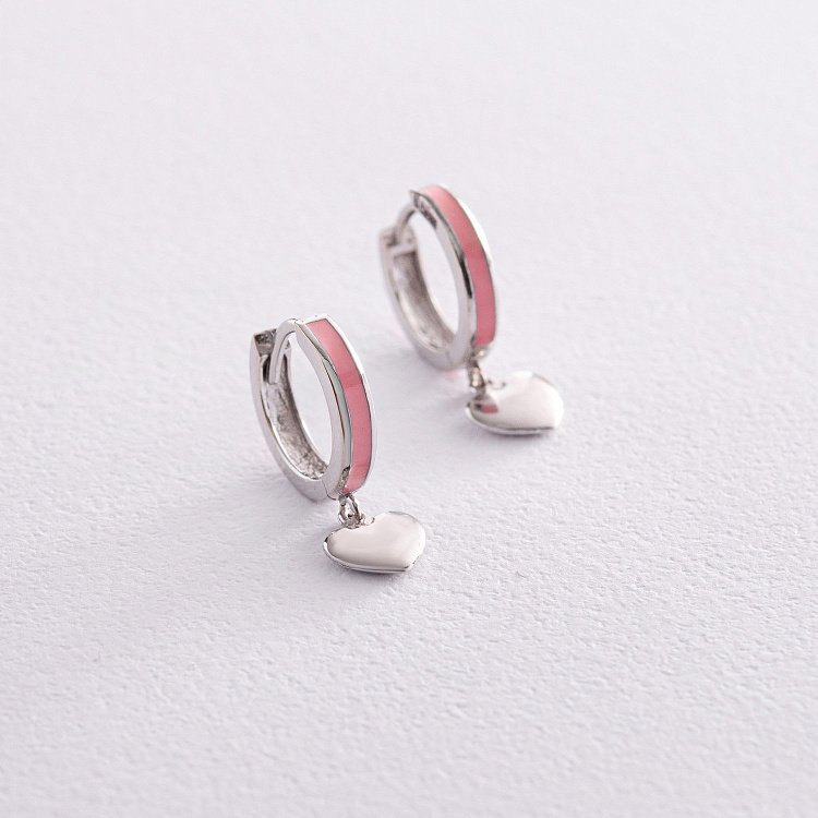 Дитячі золоті сережки "Сердечки" з рожевою емаллю с08162 від ювелірного магазину Онікс