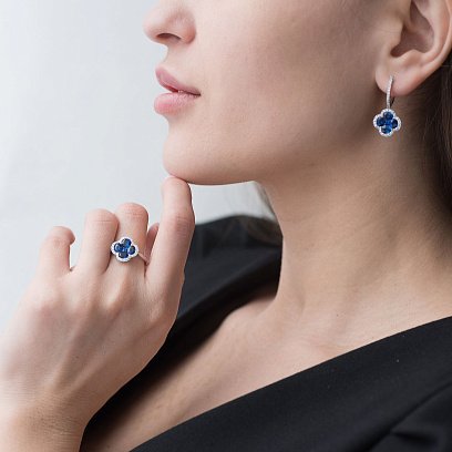 Золотые серьги  "Клевер" с синими сапфирами и бриллиантами E00706mi №2