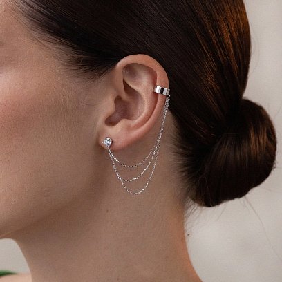 Серьга - каффа "Тринити" в белом золоте с цепочками (фианит) с08020 №5