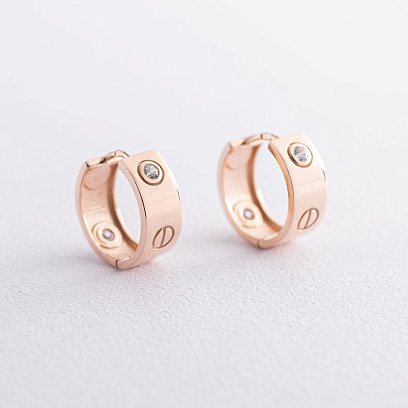 Серьги - кольца "Love" в красном золоте (фианиты) с07215
