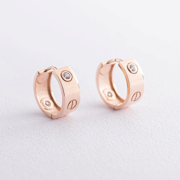 Серьги - кольца "Love" в красном золоте (фианиты) с07215 от ювелирного магазина Оникс