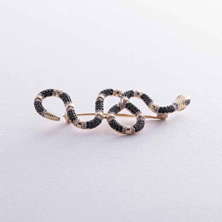 Золотая брошь "Змея" с черными и белыми фианитами зак00339 от ювелирного магазина Оникс - 2